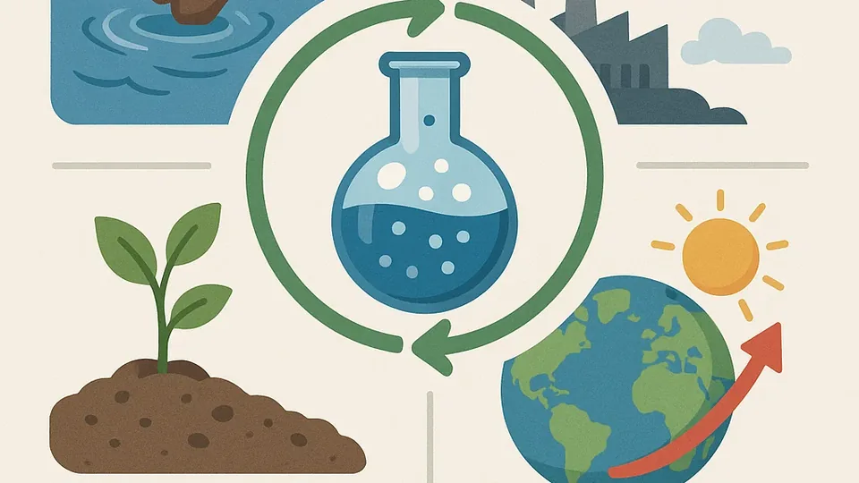 Infografik hemije životne sredine: voda, vazduh, zemljište i planeta Zemlja oko hemijske tikvice