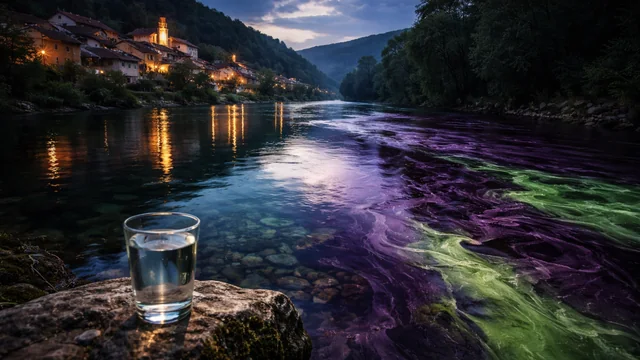 Reka u sumrak podeljena na čistu i zagađenu zonu, sa čašom vode u prvom planu – simbol pretnje po vodosnabdevanje.