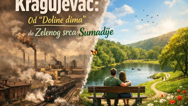 Kragujevac podeljen na industrijski dim levo i zeleni park sa vodom desno — simbol prelaska sa „doline dima” na zeleniju budućnost.
