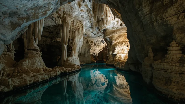 Krški pejzaž sa pećinom i podzemnim vodenim sistemom