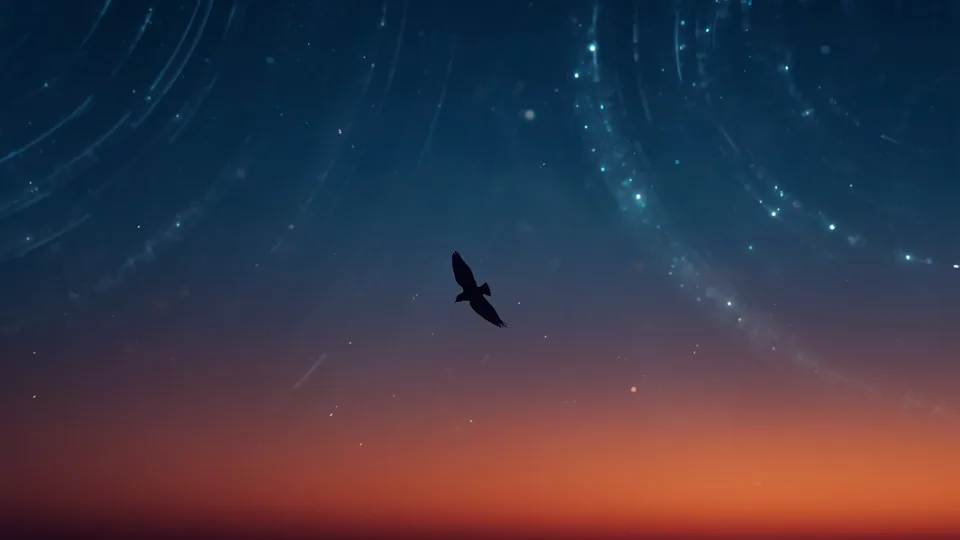 Silueta ptice u letu na sumračnom nebu sa nagoveštajem linija magnetnog polja.