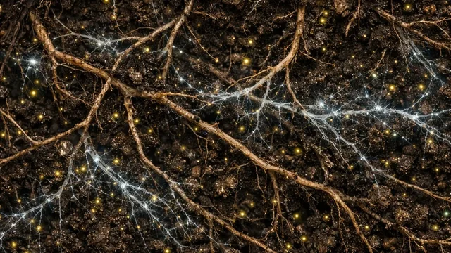 Prikaz korenovog sistema i svetlucave mreže mikroorganizama u tamnom zemljištu — simbol mikrobnog života tla.