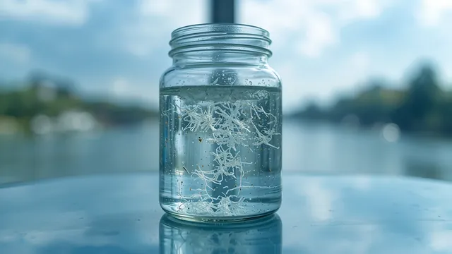 Staklena tegla sa mikroplastičnim česticama u vodi kao ilustracija mikroplastike u Dunavu.