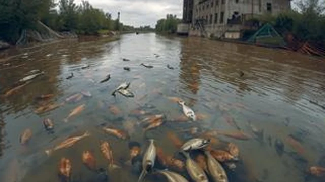 Ilustrativni vizuel zagađene reke i ribljeg pomora — priča o Moravi.