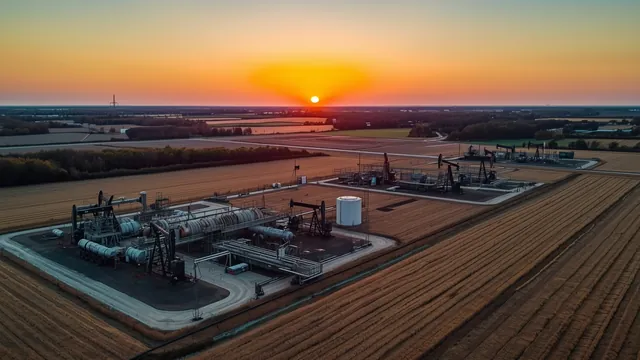 Naftno-gasno polje u ravnici pri zalasku sunca kao ilustracija fosilne energetike u Vojvodini.