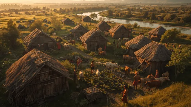 Ilustracija neolitskog naselja u ravnici uz reku, sa kućama od pruća i stokom, kao prikaz rane Vojvodine.