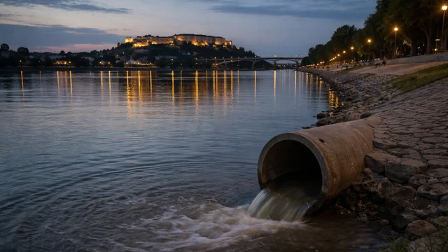 Ispust otpadnih voda u Dunav kod Novog Sada u sumrak, refleksija svetala na vodi i tvrđava u daljini