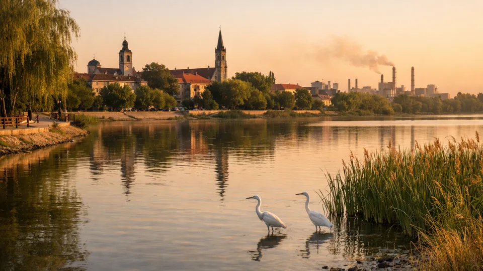 Panorama Pančeva sa industrijskim dimnjacima