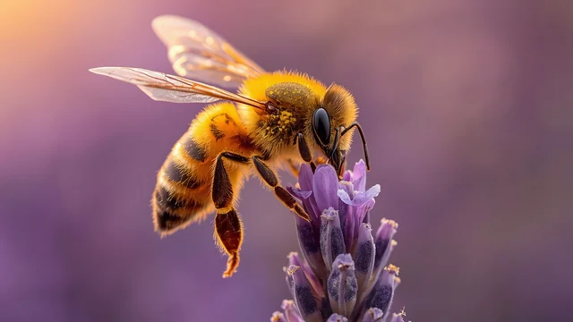 Pčela na ljubičastom cvetu kao ilustracija oprašivanja, letnje aktivnosti oprašivača i značaja pčela za biodiverzitet.