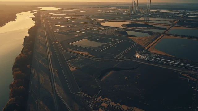 Ilustrativni vizuel industrijskog postrojenja i pepelišta — priča o letećem pepelu termoelektrana.