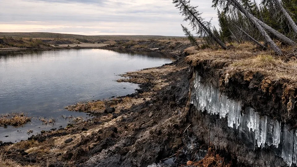 Obala sa otkrivenim slojem leda u tlu pored hladnog vodenog toka — permafrost koji se topi na severu.