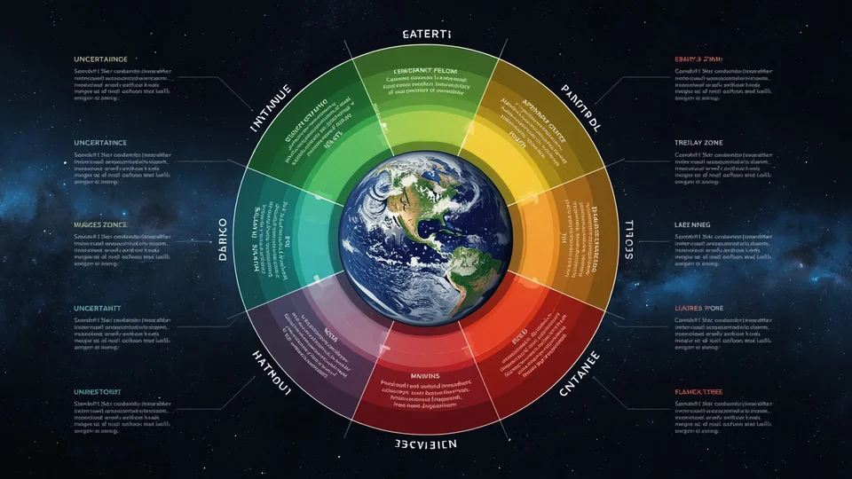 Dijagram planetarnih granica kao kružni grafikon sa Zemljom u centru i zonama prekoračenja kao ilustracija naučnog koncepta.