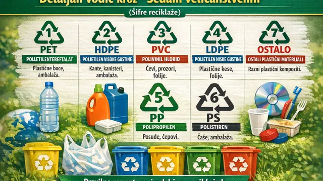 Infografik šifri reciklaže plastike (1–7) – PET, HDPE, PVC, LDPE, PP, PS i ostalo