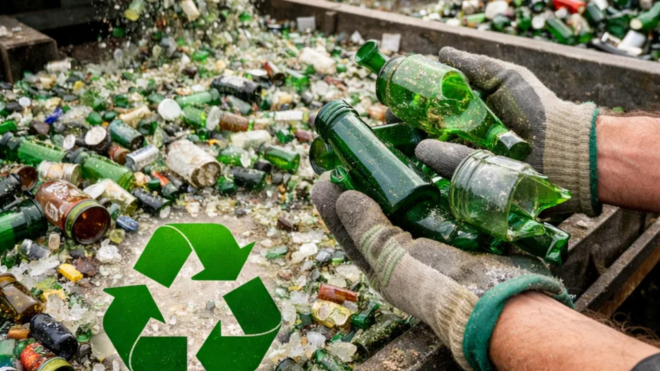 Reciklaža stakla u postrojenju – radnik drži zelene staklene boce spremne za preradu