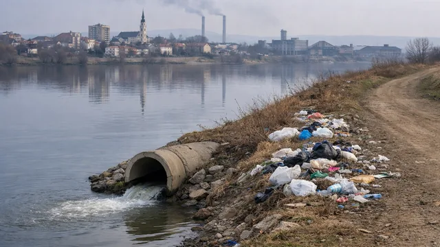 Zagađena obala reke Save kod Šapca: cev ispusta u vodu, razbacano smeće na obali, u daljini grad i dimnjaci u izmaglici