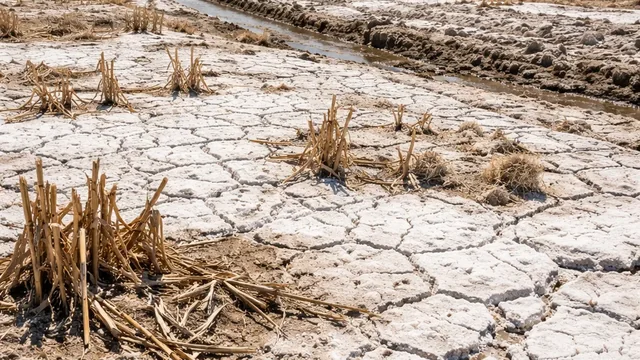 Belo, ispucalo polje sa kanalima za navodnjavanje — tipičan prizor salinizacije tla u sušnim uslovima.