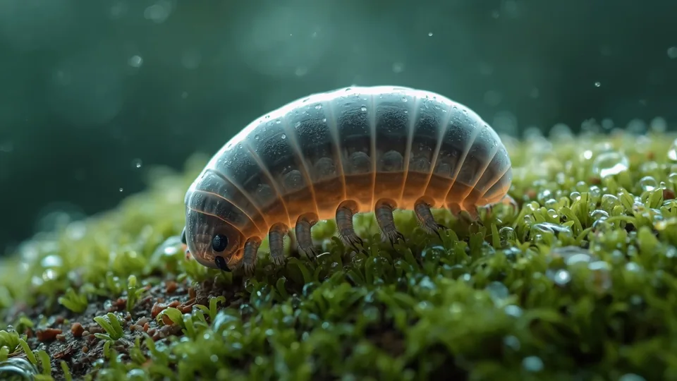 Mikroskopski uvećan tardigrad (vodeni medvedić) na vlažnoj mahovini.