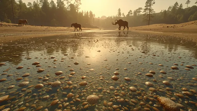 Ilustracija praistorijskih sisara na plitkoj obali kao prikaz tercijarne faune nekadašnje Vojvodine.