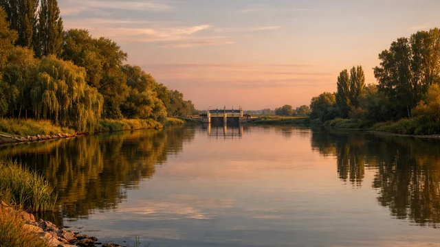 Mirna Tisa u zlatnom satu sa vrbama i topolama, a u daljini ustava/kanalski most — simbol veze reke i kanalske mreže kod Novog Kneževca.