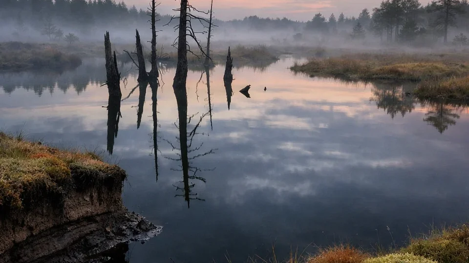 Maglovito tresište sa tamnom vodom i isušenim stablima — primer osetljivog močvarnog ekosistema bogatog ugljenikom.