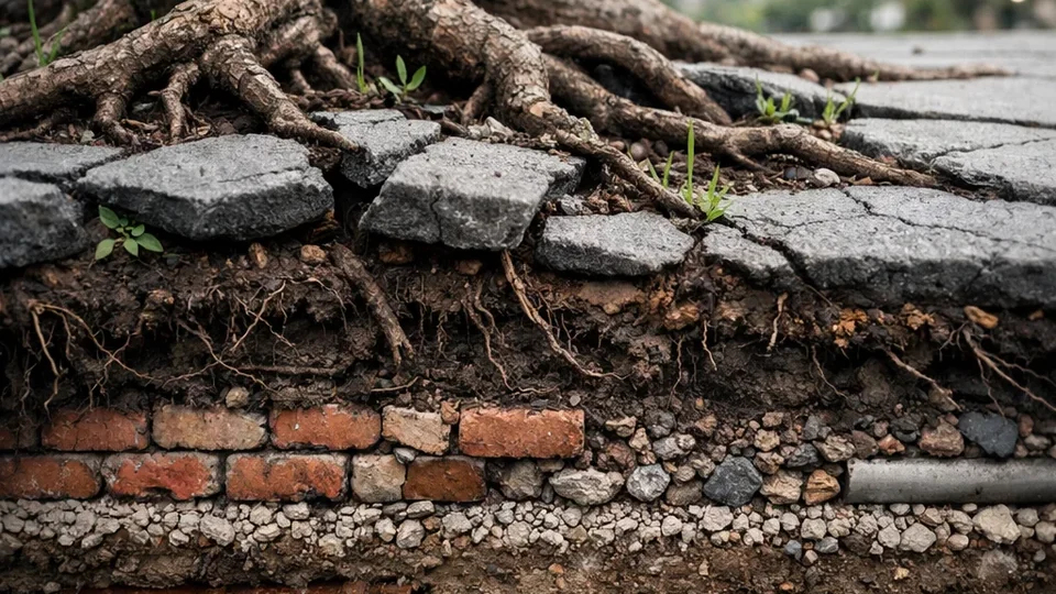 Korenje drveta probija ispucali trotoar iznad podzemnih cevi — primer urbanog tla pod pritiskom infrastrukture.