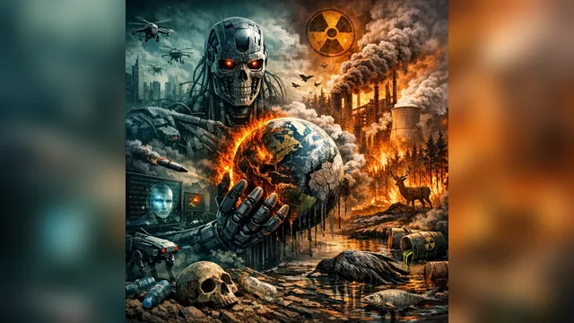 Ilustracija: veštačka inteligencija, industrijsko zagađenje i planeta Zemlja — AI i ekološki rizici.