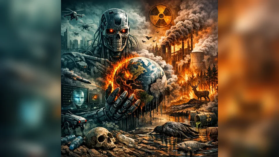 Ilustracija: veštačka inteligencija, industrijsko zagađenje i planeta Zemlja — AI i ekološki rizici.