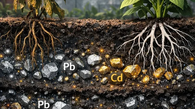 Presek tla sa oznakama Pb i Cd ispod dve biljke — ilustracija prisustva teških metala u zemljištu i različitog odgovora biljaka.