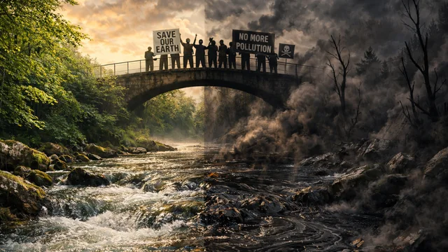 Protest protiv zagađenja vazduha iznad reke – simboličan prikaz borbe protiv aerozagađenja i zdravstvenih posledica.