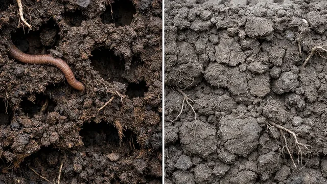 Poređenje rastresitog i zbijenog tla — na jednoj strani pore i glista, na drugoj zbijena, siva struktura bez vazduha.