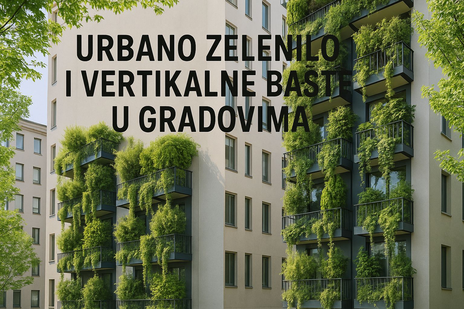 Stambene zgrade u gradu sa balkonima prekrivenim gustom zelenom vegetacijom
